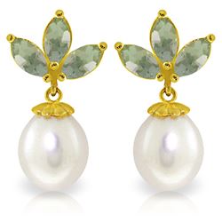 Genuine 9.5 ctw Green Amethyst & Pearl Earrings Jewelry 14KT Yellow Gold - REF-31M2T