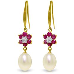 Genuine 9.01 ctw Ruby, Pearl & Diamond Earrings Jewelry 14KT Yellow Gold - REF-46F7Z