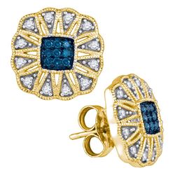 0.25 CTW Blue Color Diamond Square Starburst Cluster Earrings 10KT Yellow Gold - REF-26K9W