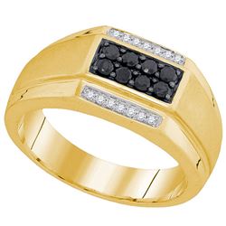 0.42 CTW Mens Black Color Diamond Rectangle Cluster Ring 10KT Yellow Gold - REF-37H5M