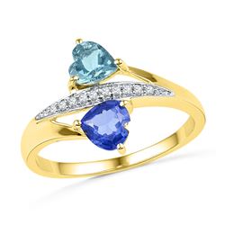 1.05 CTW Heart Created Blue Sapphire Aquamarine Heart Ring 10KT Yellow Gold - REF-19K4W
