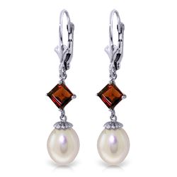 Genuine 9.5 ctw Pearl & Garnet Earrings Jewelry 14KT White Gold - REF-24V4W