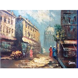 Street Scene , Vintage Oil On Canvas Board, Signed,