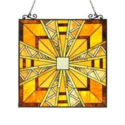 "PROGRESSIVE" Tiffany-style Glass Window Panel 24.5x26