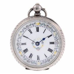 An open face pocket watch. White metal case, stamped