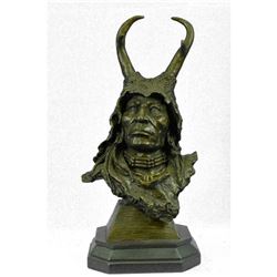 Bronze Bust Sculpture of Native American in Antler Headdress 17" x 9"