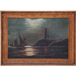 c1900 Lighthouse In Moonlight Oil Painting