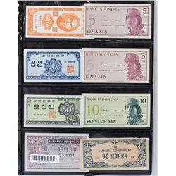 Eight Assorted East and Southeast Asian Banknotes