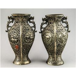 Antique Pair of Chinese Silver Vases w Stamp Seals