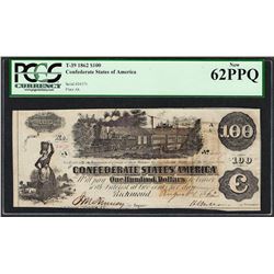 1862 $100 Confederate States of America Note T-39 PCGS New 62PPQ