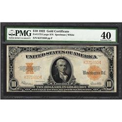 1922 $10 Gold Certificate Note Fr.1173 Large S/N PMG Extremely Fine 40