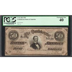 1864 $50 Confederate States of America Note T-66 PCGS Extremely Fine 40