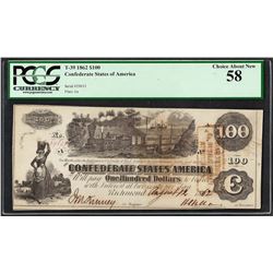 1862 $100 Confederate States of America Note T-39 PCGS Choice About New 58