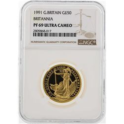 1991 Great Britain Britannia 50 Pounds Gold Coin NGC PF69 Ultra Cameo
