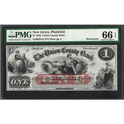 1859 $1 Union County Bank Plainfield, NJ Obsolete Note PMG Gem Uncirculated 66EP