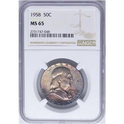 1958 Franklin Half Dollar Coin NGC MS65 Amazing Toning