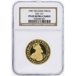 1987 Belgium 50 Ecu 1/2 Oz. Gold Coin NGC PF69 Ultra Cameo