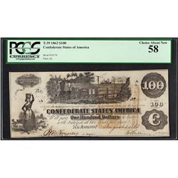 1862 $100 Confederate States of America Note T-39 PCGS Choice About New 58