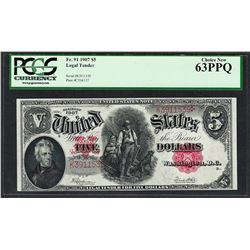1907 $5 Woodchopper Legal Tender Note Fr.91 PCGS Choice New 63PPQ