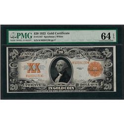 1922 $20 Gold Certificate Note Fr.1187 PMG Choice Uncirculated 64EPQ Great Embos