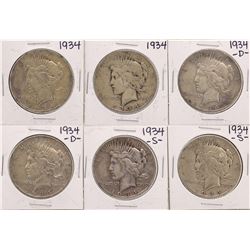 Lot of (2) 1934, (2) 1934-D, & (2) 1934-S $1 Peace Silver Dollar Coins