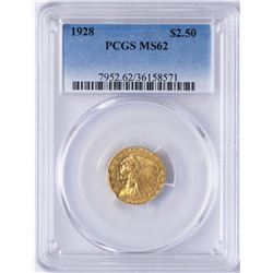 1928 $2 1/2 Indian Head Quarter Eagle Gold Coin PCGS MS62