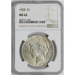 1928 $1 Peace Silver Dollar Coin NGC MS62