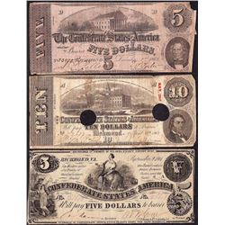 Lot of 1861-1863 (3) $5/$5/$10 Confederate States of America Notes