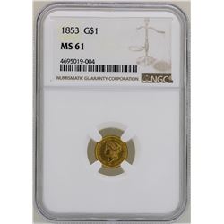 1853 $1 Liberty Head Gold Dollar Coin NGC MS61