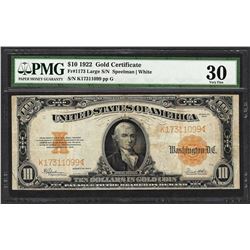 1922 $10 Gold Certificate Note Fr.1173 Large S/N PMG Very Fine 30