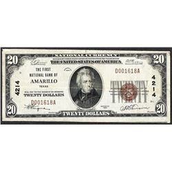 1929 $20 The First NB of Amarillo Texas CH#4214 National Currency Note