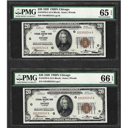 (2) Consec. 1929 $20 Federal Reserve Bank Chicago Notes PMG Gem Uncirculated 65/