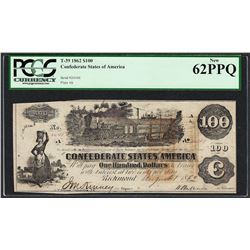 1862 $100 Confederate States of America Note T-39 PCGS New 62PPQ
