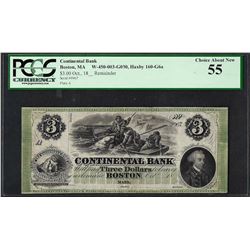 1800's $3 'Polar Bear' Continental Bank Boston Obsolete Note PCGS Choice About N