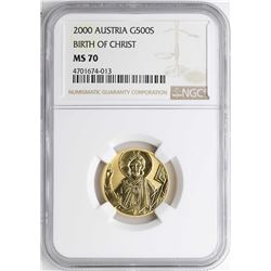 2000 Austria 500 Schillings Birth of Christ Gold Coin NGC MS70