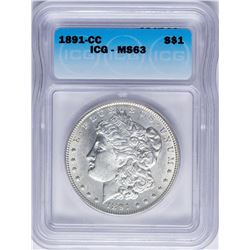 1891-CC $1 Morgan Silver Dollar Coin ICG MS63
