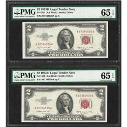 Lot of (2) 1953B $2 Legal Tender Notes Fr.1511 PMG Gem Uncirculated 65EPQ