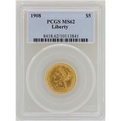 1908 $5 Liberty Head Half Eagle Gold Coin PCGS MS62