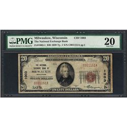 1929 $20 National Currency Note Milwaukee, Wisconsin CH# 1003 PMG Very Fine 20