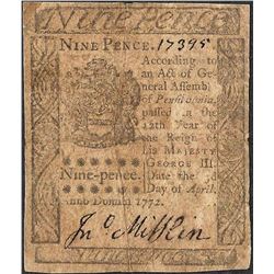 April 3, 1772 Pennsylvania Nine Pence Colonial Currency Note