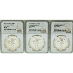 Lot of (3) 1968MO 25 Pesos Mexico City Olympics Silver Coins NGC MS66