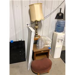 Wood Night stand, stool, lamp, 3 ceiling fixtures, 1 overhead light.