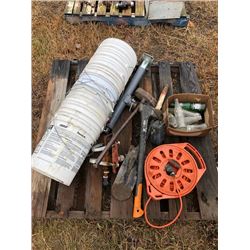 Axes, shovels, retractable extension cord, sledge hammer and buckets