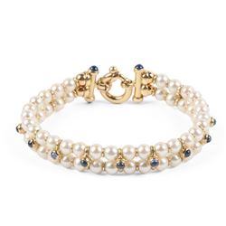A 14K Yellow Gold, Cultured Pearl, Sapphire Bracelet