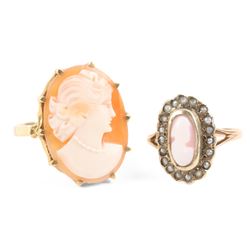 A Pair, 10K Gold, Seed Pearl Cameo Rings