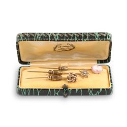 A Trio, 14K Gold, Seed Pearl & Cameo Stick Pins