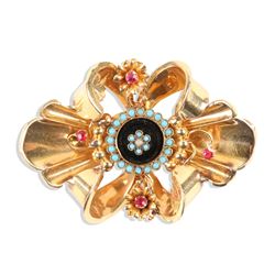 A Victorian 18K, Onyx, Turquoise & Tourmaline Brooch