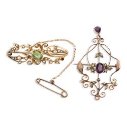 A Pair, Edwardian 15K, Amethyst & Seed Pearl Pendants