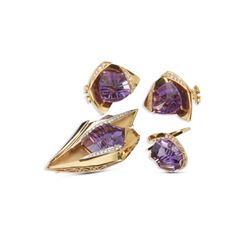 An 18K, Amethyst & Diamond Earrings, Brooch, Ring Set