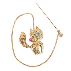 Cartier, 18K, Ruby, Diamond & Emerald "Fox" Brooch